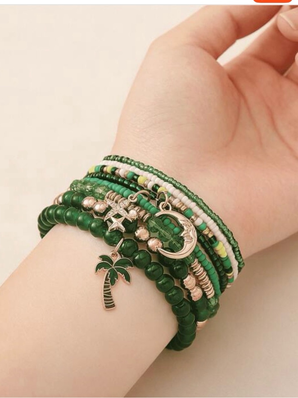 Green Beaded Multi-Strand Palm Tree & Moon Charm Bracelet - Women Jewelry